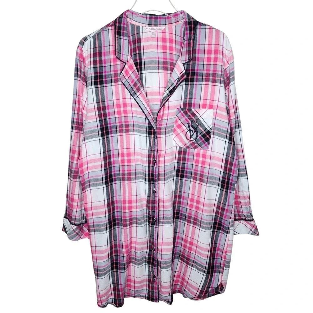 Victorias Secret‎ Pink Plaid Cotton Modal Sleep Shirt Nightgown Womens Medium